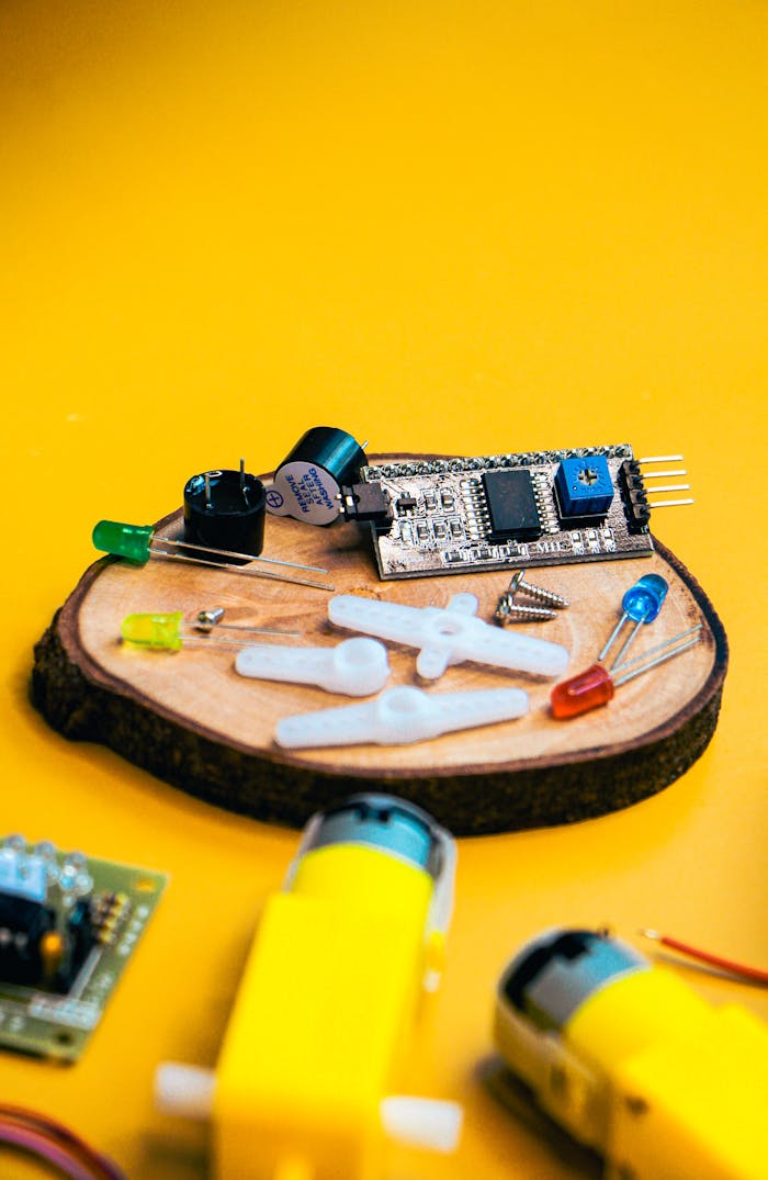 Robotics components arranged creatively on a yellow background, showcasing innovation and technology.