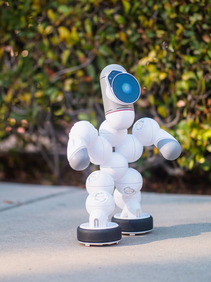 A futuristic humanoid robot on a concrete path surrounded by greenery.